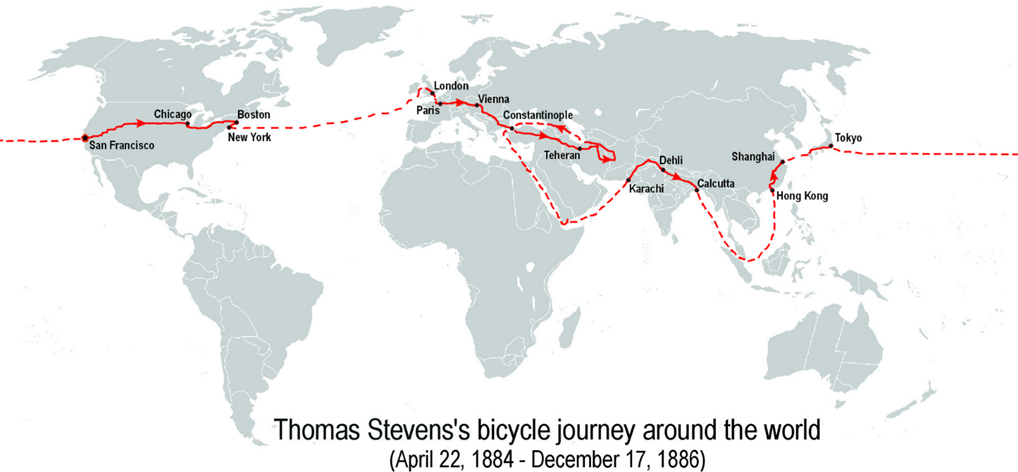 Thomas Stevens'ın dünya çevresinde iki yılı aşan bisiklet turu. (22 Nisan 1884 - 17 Aralık 1886)