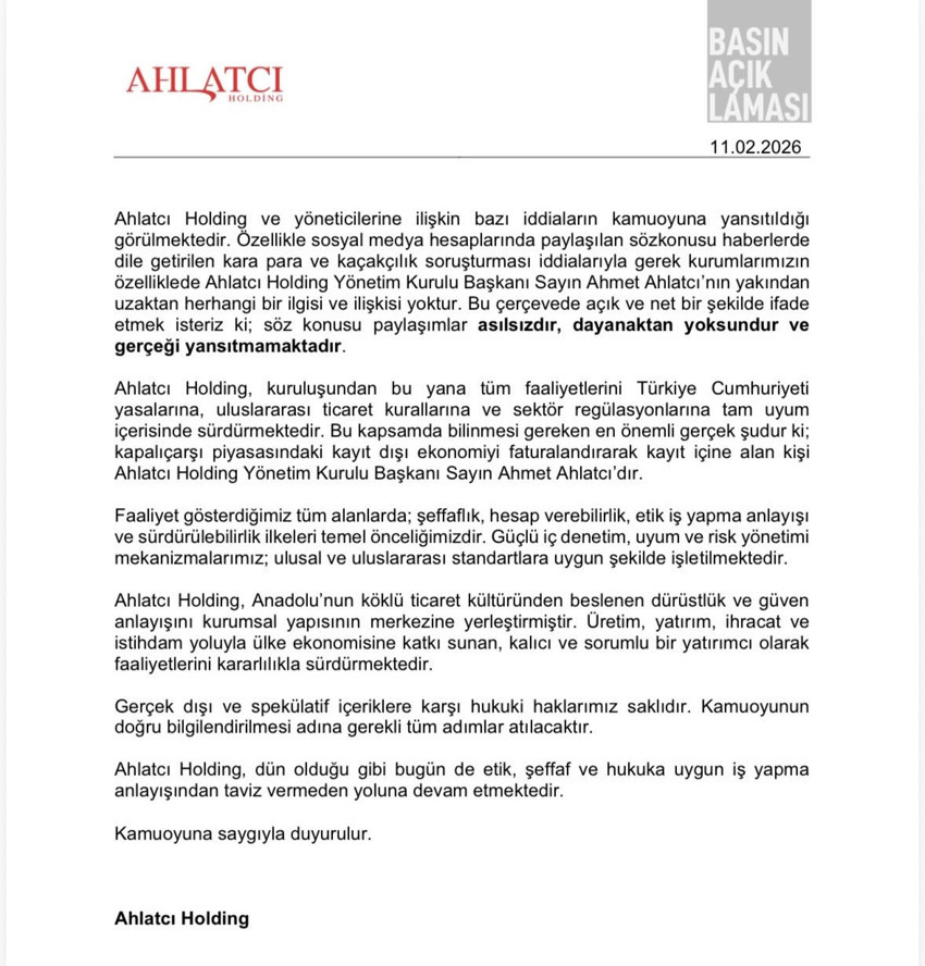 Ahlatçı Holding'den yapılan basın açıklaması
